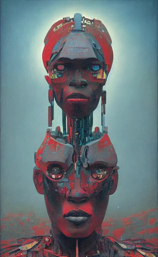 Image similar to portrait of mecha african tribal chief, symmetrical, dramatic lighting, colourful, art by zdzislaw beksinski,