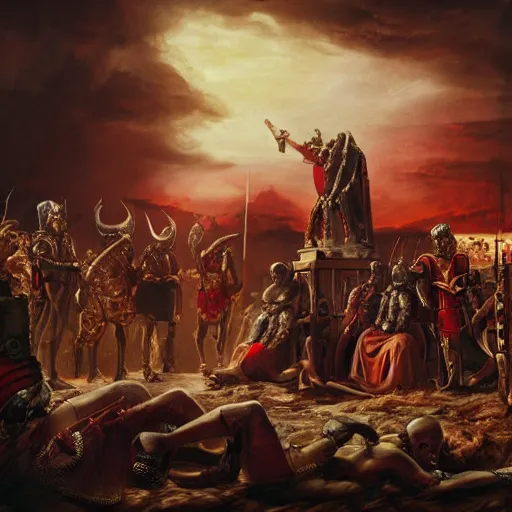 Image similar to julius caesar, wearing medieval knight armours, and queen victoria, wearing an ottoman crown, arm wrestling on the depths of hell, with satan watching over them riding a vulture. cyberpunk style architectures in the background, dawn, cloudy red sky. photograph, hyper realistic,