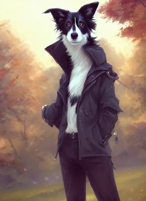 Image similar to wide angle full body portrait of a cute male anthropomorphic border collie fursona wearing a jacket in front of a park, by charlie bowater, henry asencio, and ross tran, furaffinity, scenic background, intricate, elegant, beautiful, fantasy, highly detailed, trending on artstation