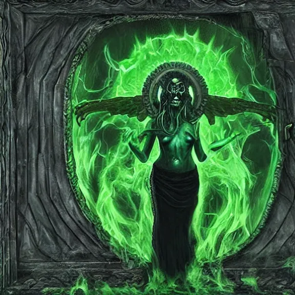Prompt: woman summon the deathgate portal to the green flame hellgod's home, photograph taken by lord illusion of hyperrealism, dark creepy oil painting