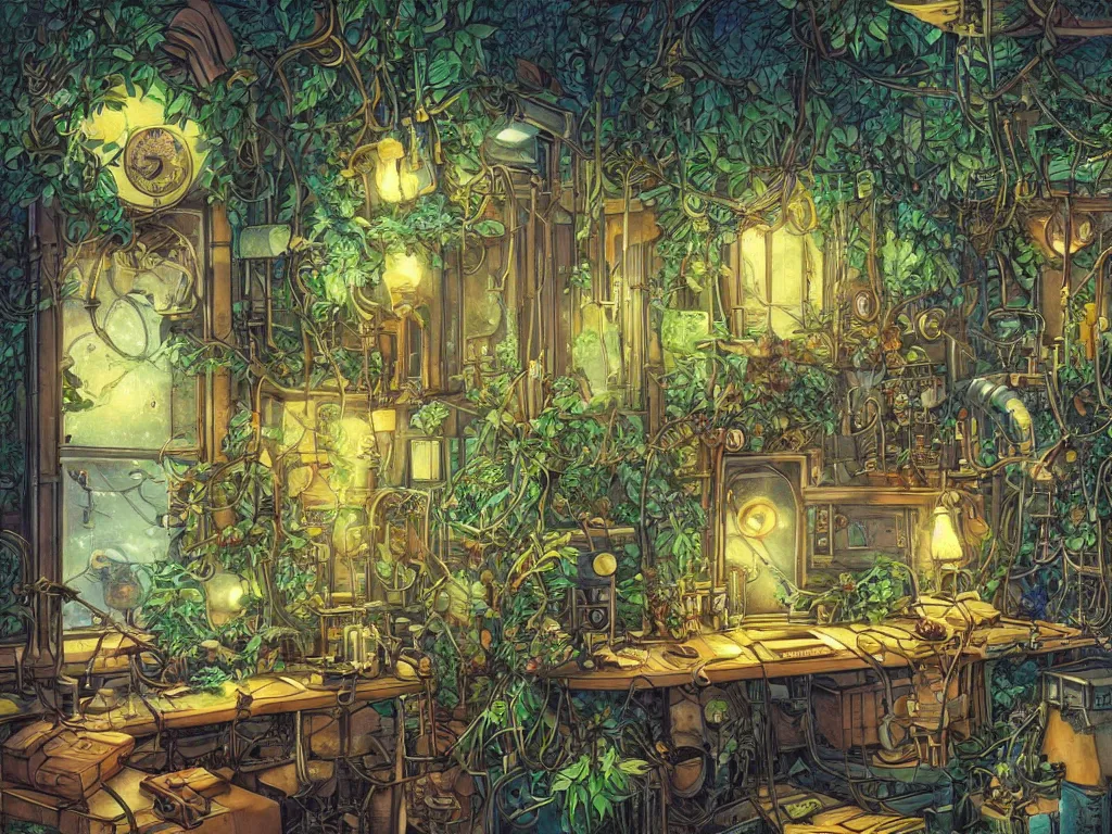 Prompt: Small desk at night with desklamp inside a steampunk machine room with lush vegetation growing around the machines, tropical trees, large leaves, flowers, beautiful starry night sky through the windows, beatifully lit, colorful, vivid colors, very detailed painting, hyperrealism, magical, vintage science fiction illustration, Studio Ghibli, Rebecca Guay