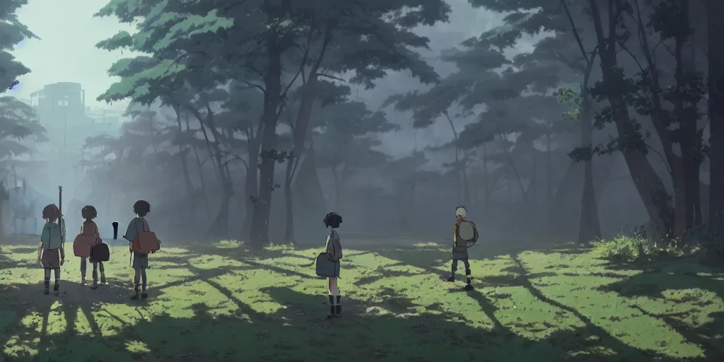 Prompt: a wholesome animation key shot of a post apocalyptic school, covered by nature hipster vibes by studio ghibli, animation, sharp, rendered in unreal engine 5, focused, anime key art by greg rutkowski, bloom, dramatic lighting