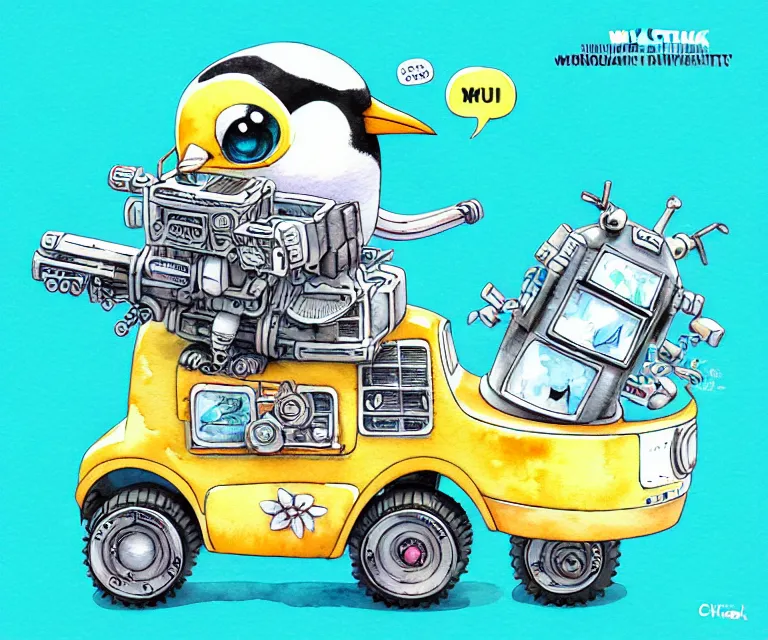 Image similar to cute and funny, penguin riding in a mechanized mech unit, ratfink style by ed roth, centered award winning watercolor pen illustration, isometric illustration by chihiro iwasaki, edited by range murata, tiny details by artgerm and watercolor girl, symmetrically isometrically centered, sharply focused