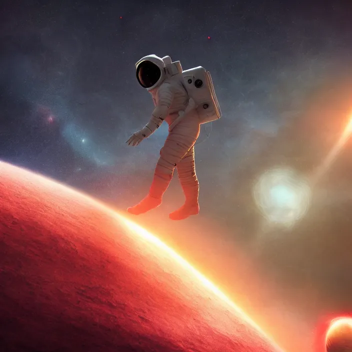 Image similar to a astronaut walking on a alien planet with a red giant galaxy appearing in the sky, digital art, concept art, trending on DeviantArt, highly detailed, high quality, 8K HDR, cinematic lighting, breathtaking image