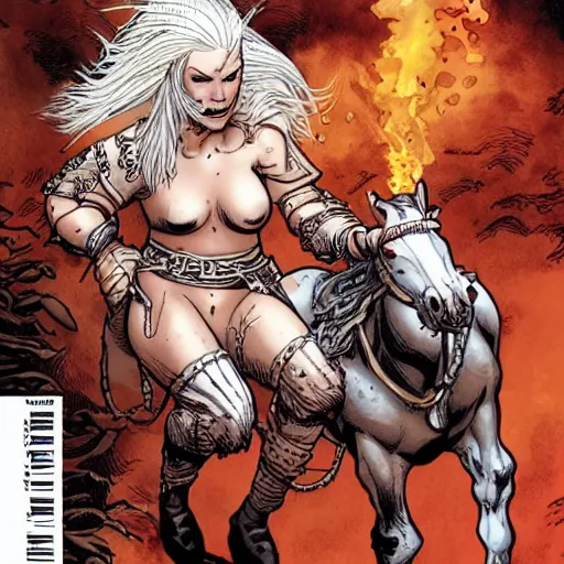 Image similar to an albino viking woman riding a war horse by Humberto Ramos and Mark Robinson,