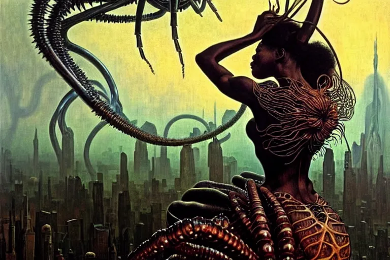 Image similar to realistic detailed portrait movie shot of a beautiful black woman riding a giant spider, dystopian city landscape background by denis villeneuve, amano, yves tanguy, alphonse mucha, max ernst, ernst haeckel, kehinde wiley, caravaggio, jean delville, david lynch, roger dean, cyber necklace, rich moody colours, sci fi patterns, dramatic, wide angle