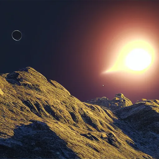 Image similar to small dark black solar eclipse above mountains, highly detailed, photorealistic shot, bright studio setting, studio lighting, crisp quality and light reflections, unreal engine 5 quality render