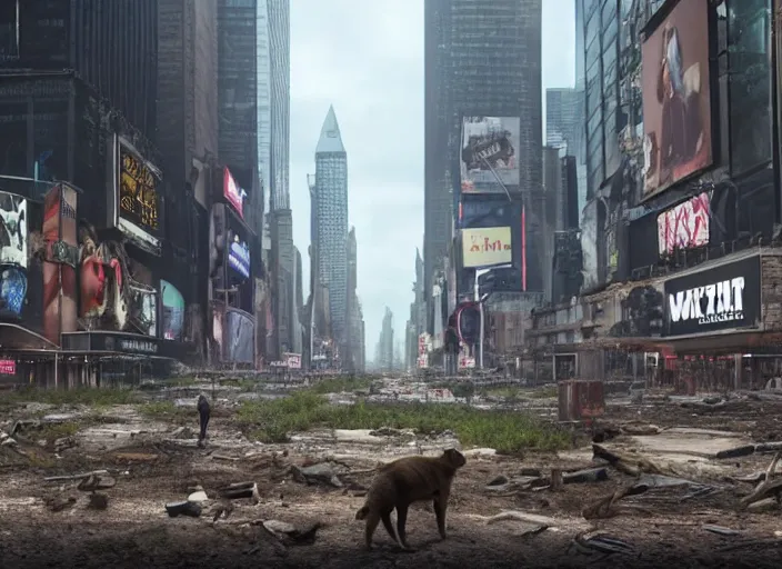 Image similar to film still of post apocalyptic empty time square, overgrown with wildlife walking through in the new sci - fi movie, 8 k