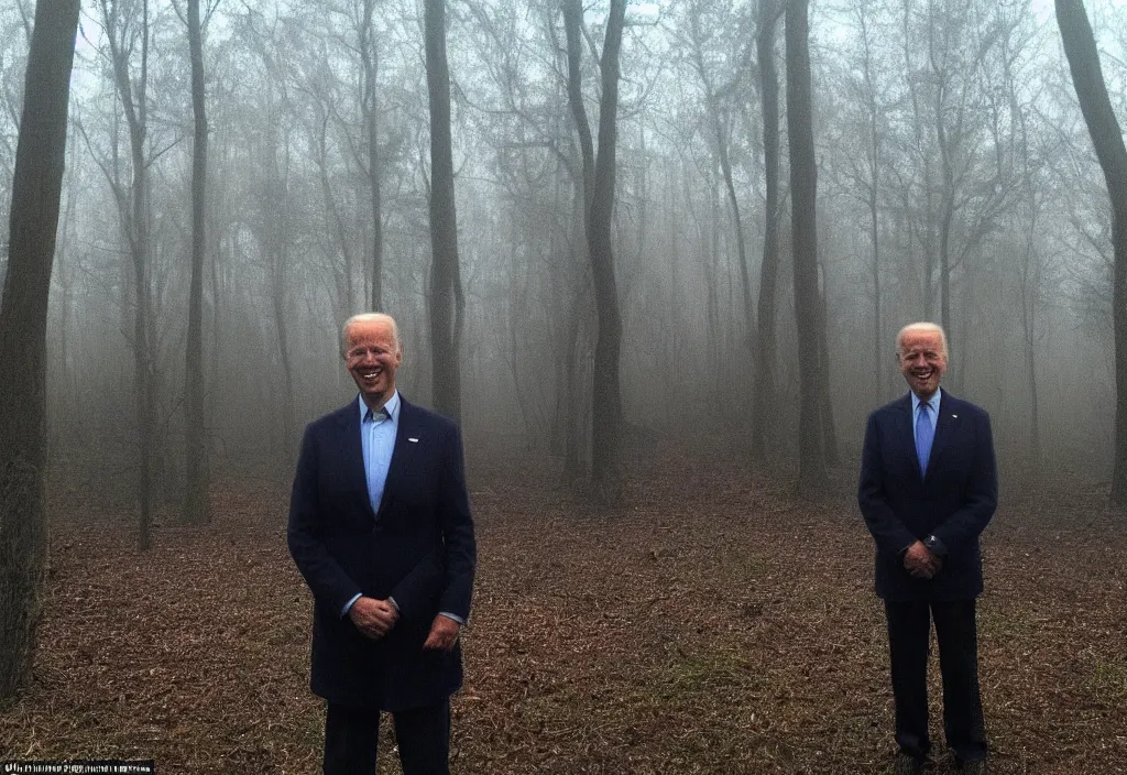 Image similar to low quality iphone photo of joe biden standing ominously in the foggy woods with a demonic smile in his face, creepy, far away