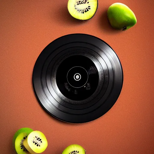 Image similar to miniature of vinyl turntable vinyl record in shape of huge kiwi fruit, 4 k, digital art, unreal render, hyperrealistic textures, product shot, top view