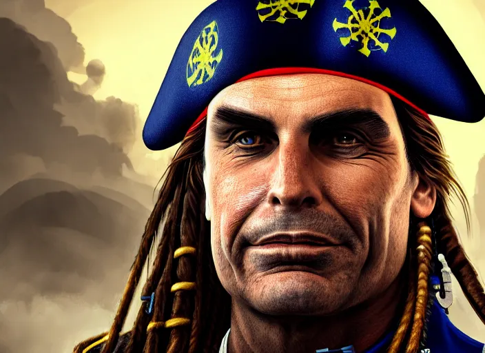 Image similar to highly detailed portrait of jair bolsonaro as a dread pirate captain, proudly posing at the helm of his frigate wearing a pirate hat, artstation, cinematic lighting, hyperdetailed, cgsociety, 8k, high resolution, insanely detailed and intricate