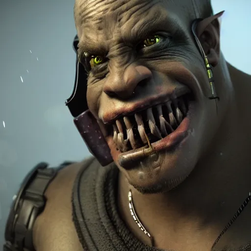 Image similar to hyper realistic cyberpunk orc, perfect face, 8 k, unreal engine, ultra detailed.