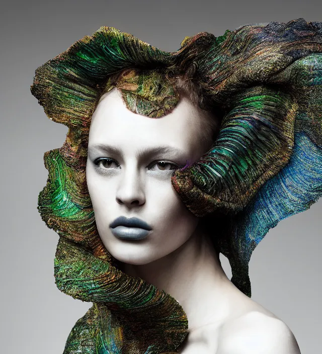 Image similar to photography face portrait of one female fashion model in rainforest, wearing one organic futurist shawl designed by iris van herpen,, creative colorfull - makeup, curly hair style half _ long, photography by paolo roversi nick knight, helmut newton, avedon, and araki, sky forest background, natural pose, highly detailed, skin grain detail