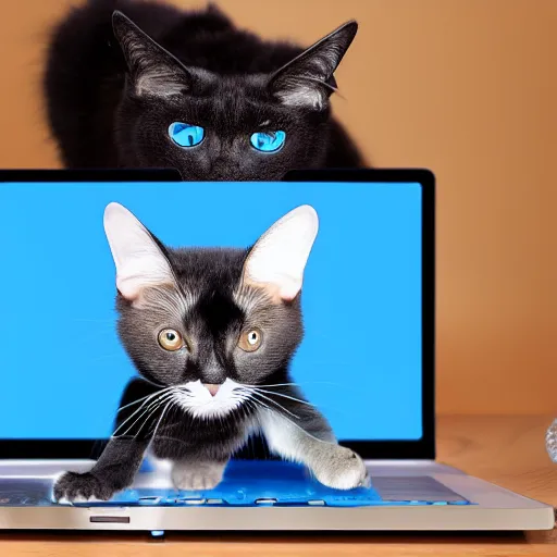 Prompt: A blue+black+cat+bat playing computer games