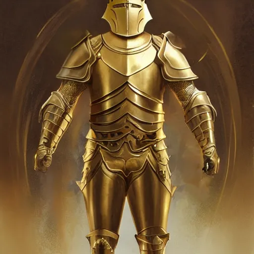 Image similar to a knight wearing a golden armor, full-body shot, digital painting, smooth, elegant, hd, art by WLOP and Artgerm and Greg Rutkowski and Alphonse Mucha