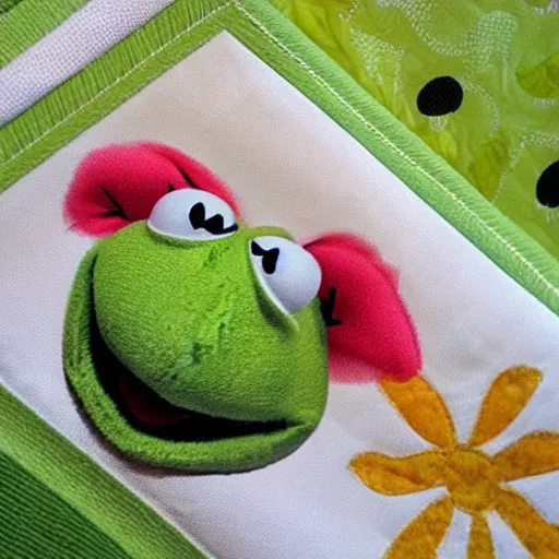 Image similar to “ kermit the frog, reclining on a chaise lounge, with the sun shining in the background, fabric, quilt ”