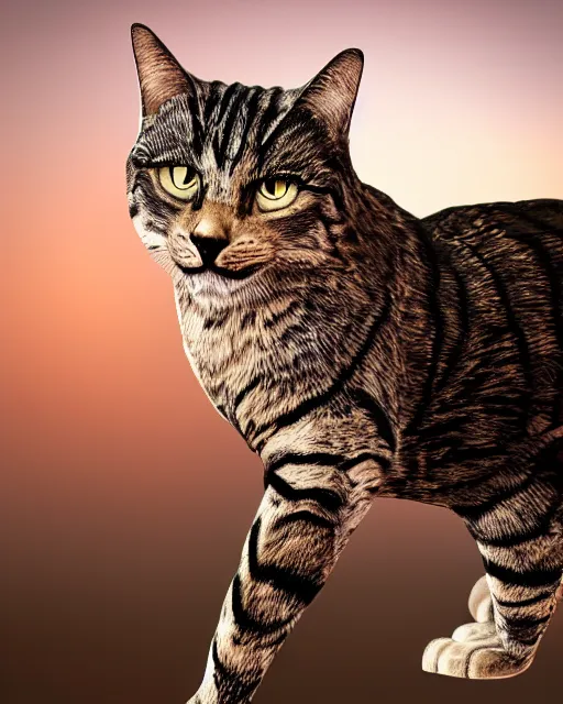 Prompt: A very attractive bipedal muscle cat wearing expensive stones embellished with gold stripes, ultra-realistic, white background, 8k HDR sunset lit, intricate detail