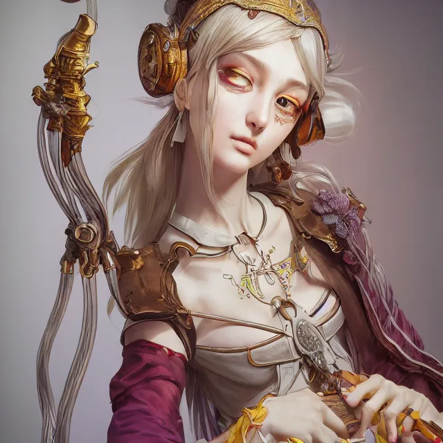 Image similar to studio portrait of neutral good colorful female cleric bard healer as absurdly beautiful, elegant, young skinny gravure idol, ultrafine hyperrealistic face illustration by kim jung gi, irakli nadar, intricate linework, sharp focus, bright colors, matte, octopath traveler, final fantasy, unreal engine highly rendered, global illumination, radiant light, intricate environment