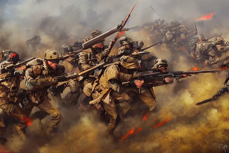 Prompt: infantry charging across a bridge, battle of bailen, intense vibrant, oil painting by ferrer dalmau, trending on artstation