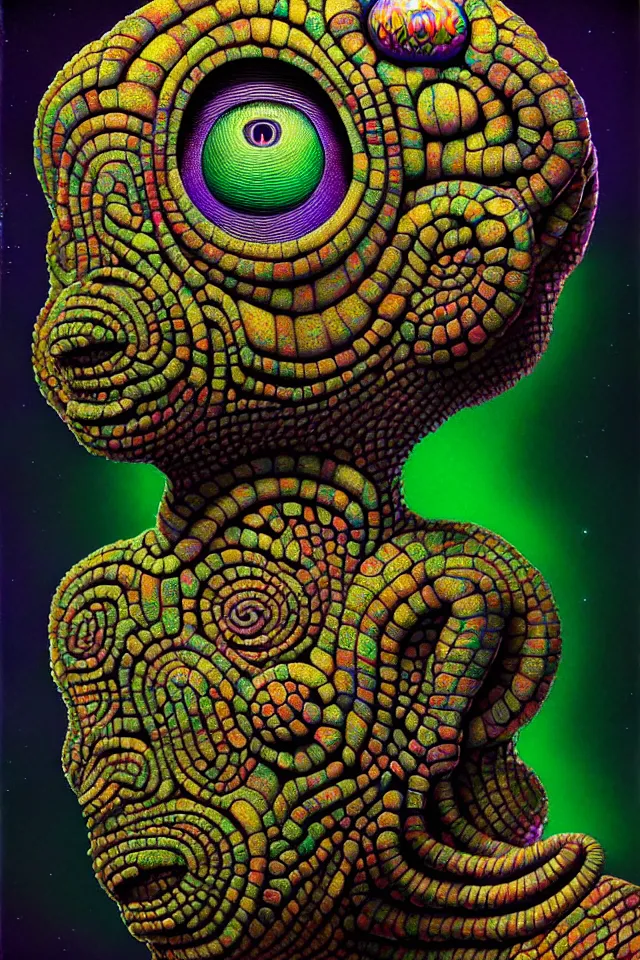 Prompt: portrait of an alien made out of cobblestone as a psychedelic neural tiki reptile god by naoto hattori, dan mumford, android jones, and chris dyer, deep bold colors, galactic dmt entity, depth of field, intricate beautiful painting, billions of details, octane render, portal, 8 k, detailed vector, trending on artstation, cgisociety