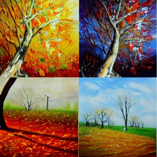 Image similar to painting depicting all four season in one single painting, tree in the summer, tree in the winter, tree in spring, tree in autumn, concept art, artstation, detailed, impressionism, oil on canvas, knife painting, messy,