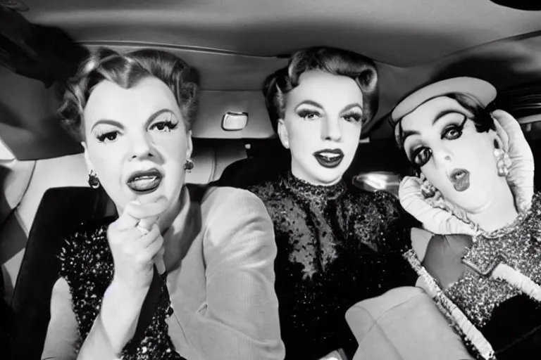 Prompt: judy garland and lady gaga in carpool karaoke, highly realistic, highly detailed, high resolution, 8 k 4 k,