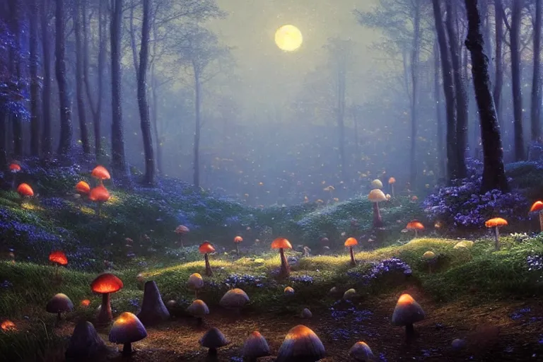 Prompt: moon night; Landscape of giant glowing mushrooms mushrooms, glowing blue By Greg Rutkowski, Thomas Kinkade max Parrish Foggy, fantasy 8k, mystical