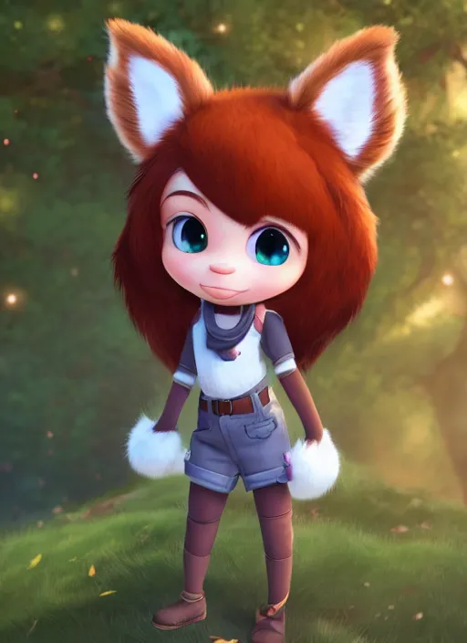 Image similar to female explorer mini cute girl, character adoptable, highly detailed, rendered, ray - tracing, cgi animated, 3 d demo reel avatar, style of maple story and zootopia, maple story indiana, fluffy fox ears, dark skin, cool clothes, soft shade, soft lighting, portrait pose