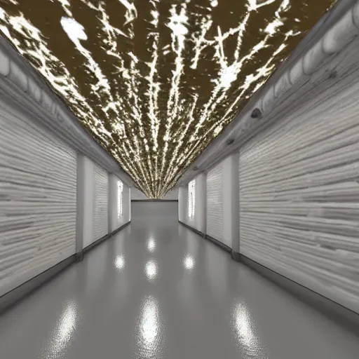 Prompt: corner of vertical underground lab hallways, clean, walls are made of dry wall, shiny floors, branching hallways, cinematic, psychedelic, blurry, unreal engine