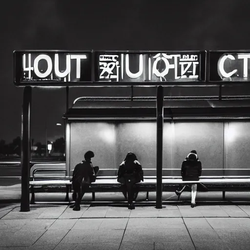 Image similar to a some people waiting in a lone bus stop in quiet dark city night at nowhere planet, high quality, high resolution,detailed