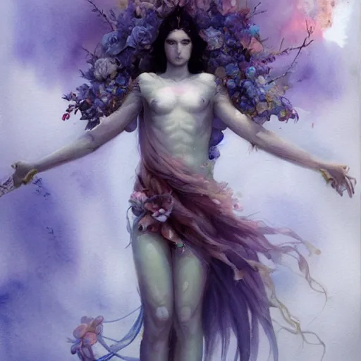 Image similar to full body portrait, long shot, Crucifixion pose, of a beautiful goddess, sworming in flowers, magical, pale skin, blue eyes, long black hair, floating in a misty daze, by pete mohrbacher and greg rutkowski, watercolor painting, deviantart, pinterest