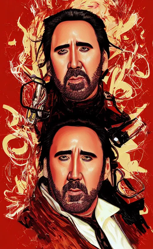 Prompt: nicolas cage as guy fieri, highly detailed, digital painting, artstation, concept art, smooth, sharp focus, illustration, art by artgerm and alphonse mucha, high definition digital art, in the style of ilya kuvshinov and Ross tran