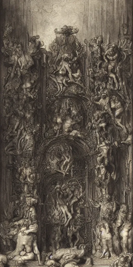 Prompt: an intrincate and ornamental fromt view of the gates of hell, by Rembrandt and Godward, symmetrical composition, symbolist painting, techno gargoyles, entwined bodies, sharp focus, no people 4k, cerberus at the door, wet floor