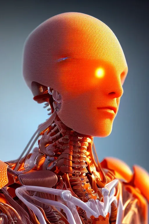 Prompt: hyperrealistic close-up translucent intricate exoskeleton!! sad chinese man covered highly detailed concept art eric zener elson peter cinematic side soft orange light high angle hd 8k sharp shallow depth of field