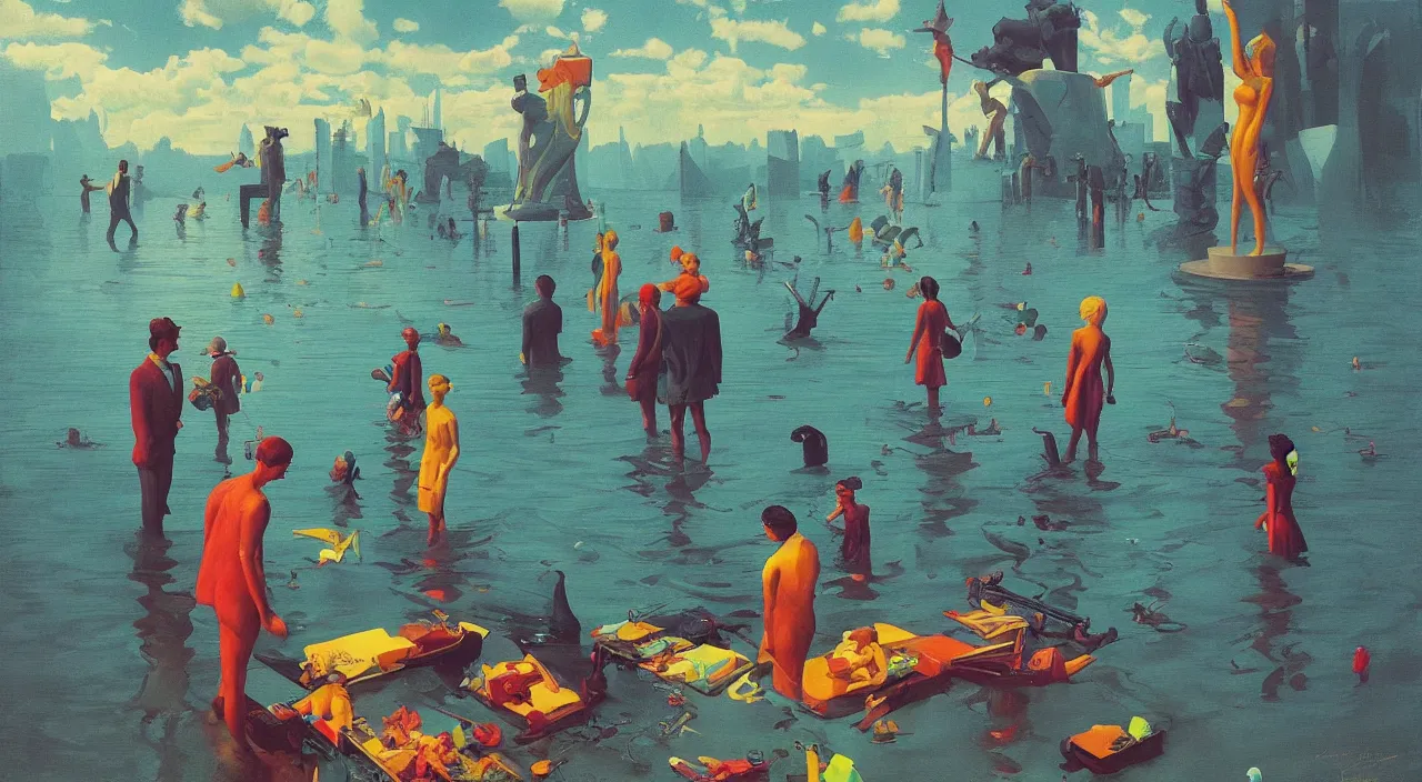 Prompt: flooded colorful surreal statue, very coherent high contrast!! painting by stalenhag spitzweg magritte syd mead norman rockwell edward hopper james gilleard, dark shadows, sunny day, triadic color scheme, hard lighting, masterpiece