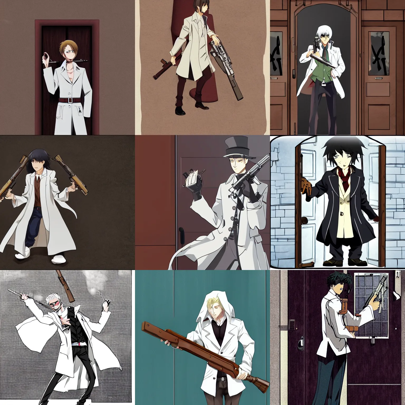 Prompt: an academic wearing a white trench coat with 6 arms holding a rifle and a broken piece of a wooden door. anime