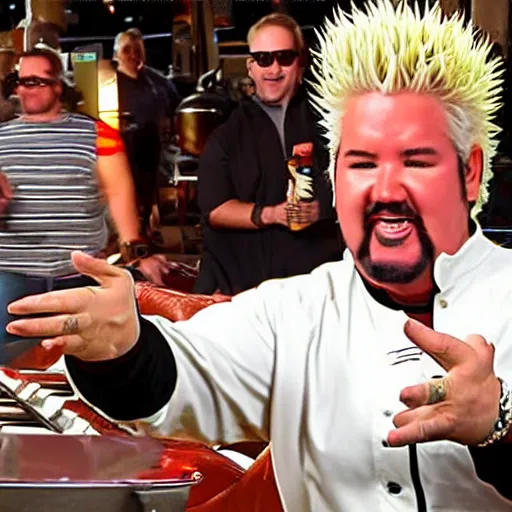 Image similar to guy fieri in a wheel chair, going down stairs, action, hd