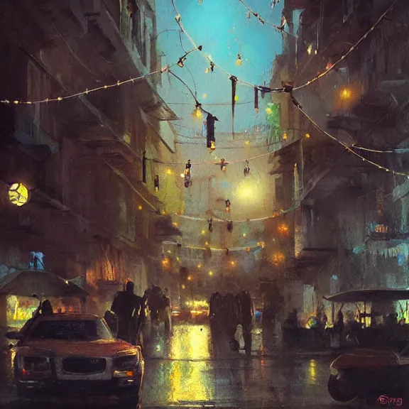 Image similar to Downtown Mexico, string lights, colorful lighting, night, realism, by Tooth Wu, by Lienzo Óleo Paisaje, by Greg Rutkowski