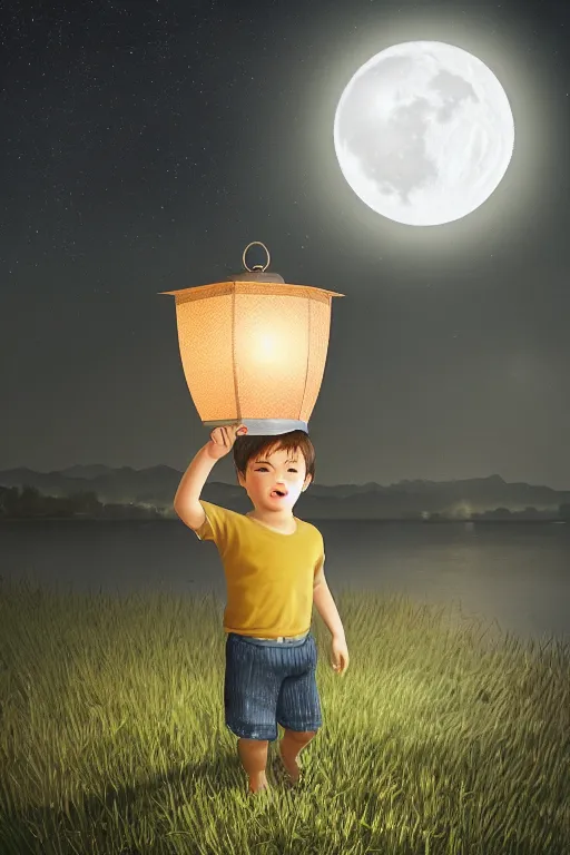 Image similar to a little boy carrying lantern at night, photorealistic face and skin tones, dreamy moonlit nightscape by the garden, lake house, smooth, matte colors, trending on artstation, 4 k, 8 k