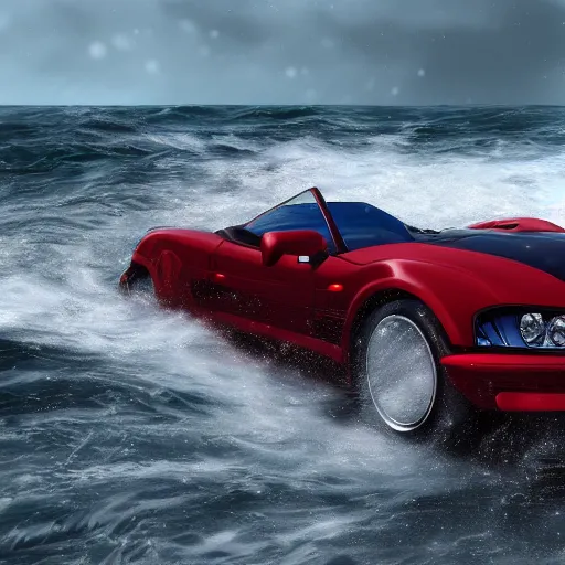 Image similar to red elephant car driving on the Pacific ocean, highly detailed, 8k, bordering on artstation,