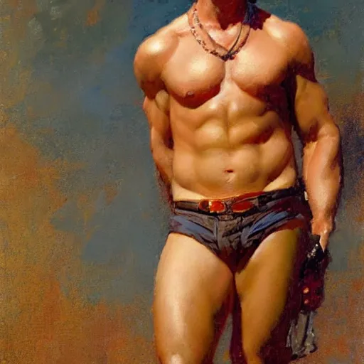 Image similar to Chris Hemsworth with a flabby body type, painting by Gaston Bussiere, Craig Mullins