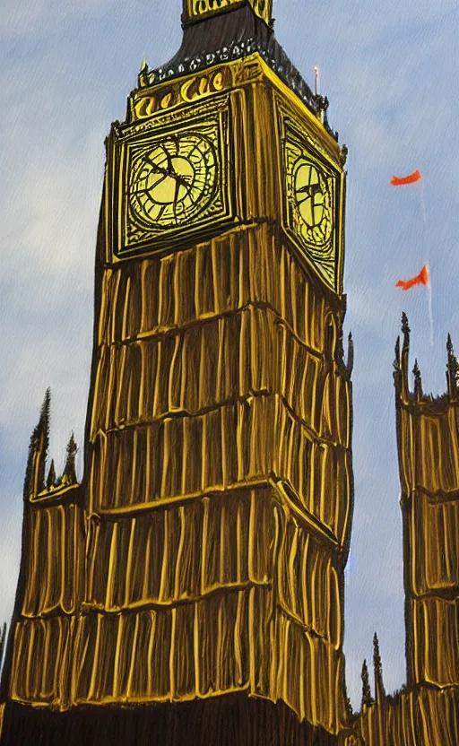 Image similar to detailed photorealistic painting of a man riding big ben