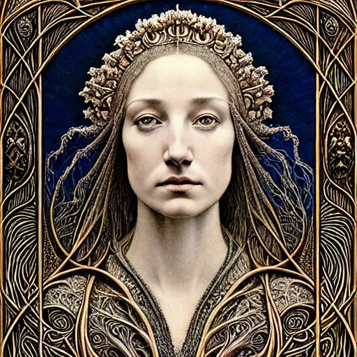 Prompt: detailed realistic beautiful young medieval queen face portrait by jean delville, gustave dore, iris van herpen and marco mazzoni, art forms of nature by ernst haeckel, art nouveau, symbolist, visionary, gothic, neo - gothic, pre - raphaelite, fractal lace, ai biodiversity, surreality, horizontal symmetry, intricate hyper detailed ultra sharp octane render