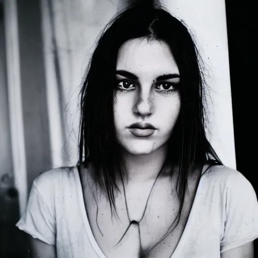 Image similar to 35mm film photo of an atractive cool alternative bosnian woman in her early 20s. beautiful face. She has dark brown hair, dark thick eyebrows, brown eyes and shoulder long hair.