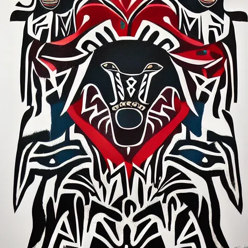 Image similar to tlingit haida lithographic, havanese dog, abstract lithograph print by nathan jackson and tristan - wolf and maynard johnny jr.