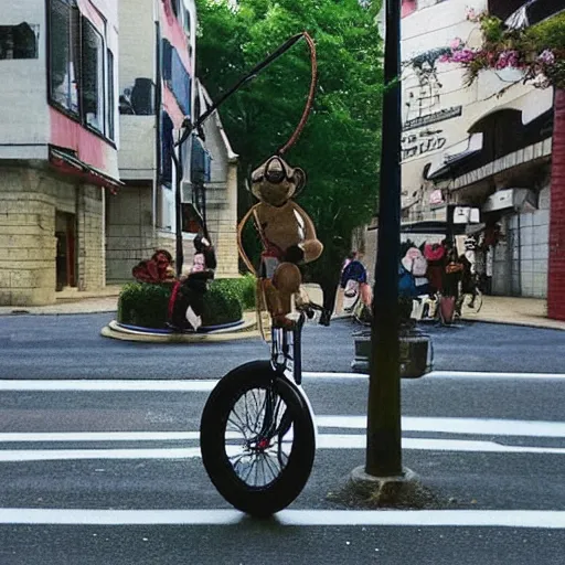 Image similar to “Monkey on a unicycle, in a busy town square, studio Ghibli style”