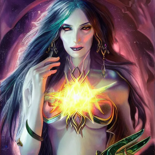 Image similar to dark elf sorceress casting prismatic spells, magic the gathering, portrait, detailed