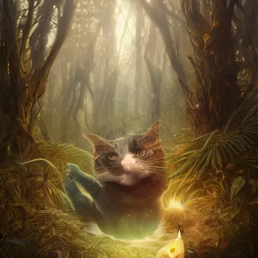 Image similar to metallic gold cat creating magic in the gnarly forest at night by tom bagshaw, mucha, karl kopinski, trending on artstation, 8k, denoised, crisp, hd