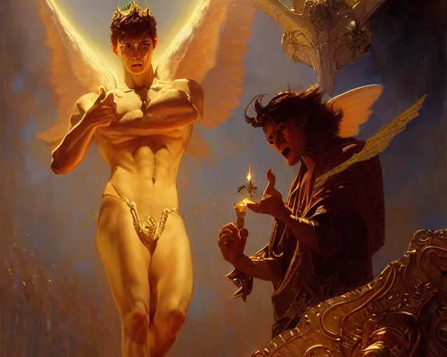 Image similar to attractive male deity, casting demonic magic, summoning handsome lucifer morning star. highly detailed painting by gaston bussiere, craig mullins, j. c. leyendecker 8 k