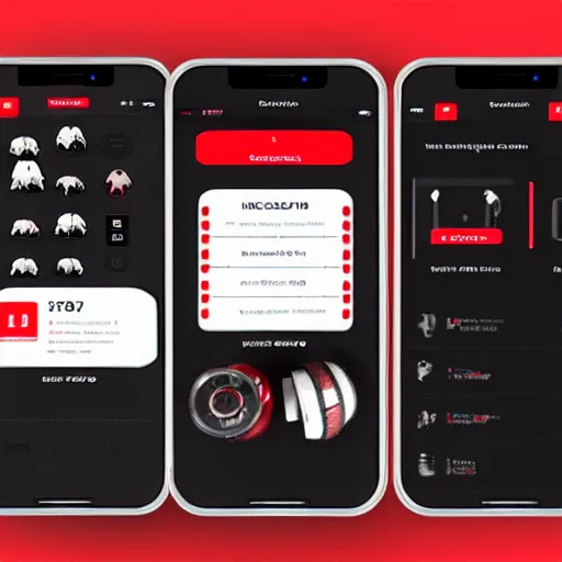 Prompt: a full ux layout of a mechanical dog dashboard and marketplace mobile app for ios with a black and red theme.